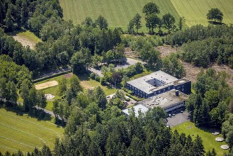 Aerial photo, Biggesee, DJH Biggesee Youth Hostel, forest damage and clear-cutting, Eichhagen,