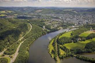Aerial view, Biggesee, Obersee, Biggehochhaus, Olpe leisure pool, Olpe town view, Olpe, Sauerland,