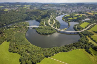 Aerial view, Biggesee, Obersee with bridge Landesstraße L512, bridge Bundesstraße B54, Olpe-Stadt,