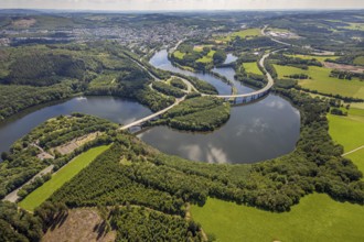 Aerial view, Biggesee, Obersee with bridge Landesstraße L512, bridge Bundesstraße B54, Olpe-Stadt,