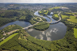 Aerial view, Biggesee, Obersee with bridge Landesstraße L512, bridge Bundesstraße B54, Olpe-Stadt,