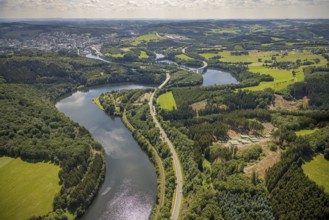 Aerial view, Biggesee, Obersee with bridge Landesstraße L512, bridge Bundesstraße B54, Olpe-Stadt,