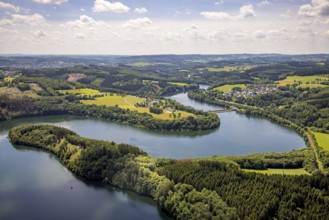 Aerial view, Biggesee, Stade headland, local view Eichhagen, Olpe, Sauerland, North