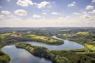 Aerial view, Biggesee, Stade headland, local view Eichhagen, Olpe, Sauerland, North