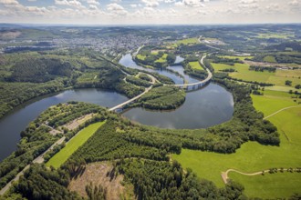 Aerial view, Biggesee, Obersee with bridge Landesstraße L512, bridge Bundesstraße B54, Olpe-Stadt,