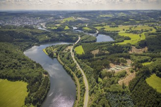 Aerial view, Biggesee, Obersee, bridge Landesstraße L512, bridge Bundesstraße B54, Olpe-Stadt,