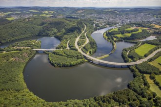 Aerial view, Biggesee, Obersee with bridge Landesstraße L512, bridge Bundesstraße B54, Olpe-Stadt,