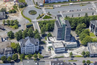 Aerial view, Olpe town hall and town archive, Olpe town, Olpe, Sauerland, North Rhine-Westphalia,