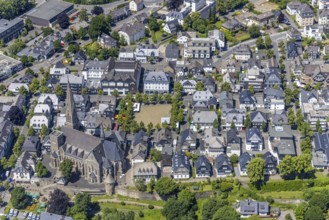 Aerial view, St. Martinus Church, town wall with angel tower, market square and town centre, Olpe