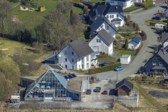 Aerial view, house with glass facade and pointed roof, Gevelinghausen, Olsberg, Sauerland, North