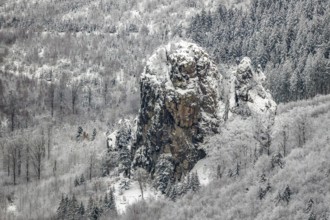 Aerial view of the rock formation Bruchhauser Steine a ground monument with four main rocks on the
