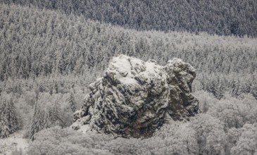 Aerial view of the rock formation Bruchhauser Steine a ground monument with four main rocks on the