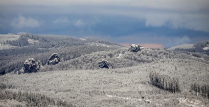 Aerial view of the rock formation Bruchhauser Steine a ground monument with four main rocks on the