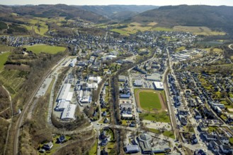 Aerial view, town view with sports field, Bigge, Olsberg, Sauerland, North Rhine-Westphalia,