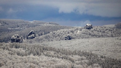 Aerial view of the rock formation Bruchhauser Steine a ground monument with four main rocks on the