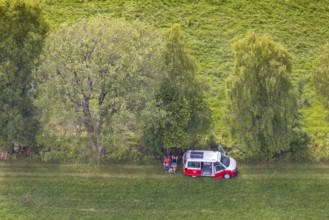 Aerial view, picnic on a forest path with VW bus, Eichhagen, Olpe, Sauerland, North