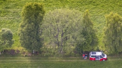 Aerial view, picnic on a forest path with VW bus, Eichhagen, Olpe, Sauerland, North