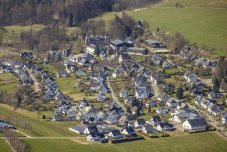Aerial view, Hotel and Castle Gevelinghausen, St. Maria Magdalena Church, Gevelinghausen, Olsberg,