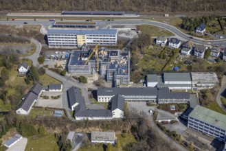 Aerial view, construction site at the vocational college Olsberg of the HSK, Olsberg railway