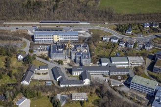 Aerial view, construction site at the vocational college Olsberg of the HSK, Olsberg railway