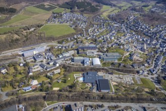 Aerial view, construction site at the vocational college Olsberg of the HSK, Olsberg railway