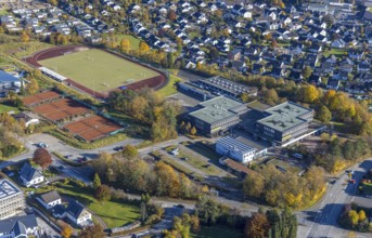 Aerial view, Schmallenberg Municipal Grammar School and sports field in the district of Wormbach in
