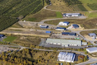Aerial view, construction sites in the industrial area at the federal road B511 in the district