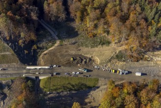Aerial view, construction site and new construction of the bypass road L776n in the district