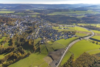Aerial view, construction site and new construction of the bypass road L776n in the district