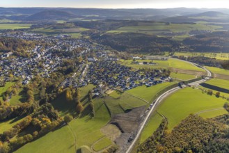 Aerial view, construction site and new construction of the bypass road L776n in the district