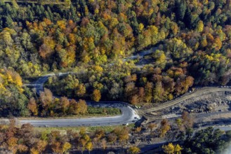 Aerial view, construction site and new construction of the bypass road L776n in the district