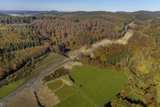 Aerial view, construction site and new construction of the bypass road L776n in the district