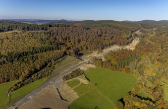 Aerial view, construction site and new construction of the bypass road L776n in the district