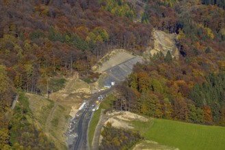 Aerial view, construction site and new construction of the bypass road L776n in the district