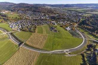 Aerial view, construction site and new construction of the bypass road L776n in the district