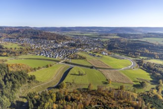 Aerial view, construction site and new construction of the bypass road L776n in the district