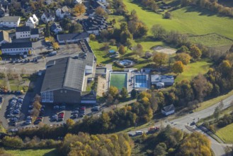 Aerial view, Wellen-Freibad und civic hall in Schmallenberg, Sauerland, North Rhine-Westphalia,