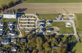 Aerial view, construction site and new construction of residential buildings on Breslauer Straße in