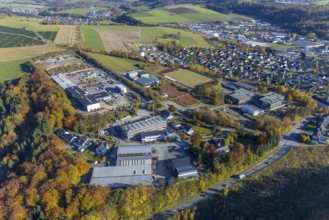 Aerial view, construction site with new building on the premises of the Feldhaus group of companies