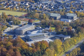 Aerial view, construction site with new building on the premises of the Feldhaus group of companies