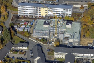 Aerial view, bus station and construction work at the vocational college Olsberg of the HSK in