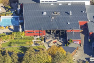 Aerial view, major fire damage at the Aqua Olsberg Sauerlandtherme in Olsberg, Sauerland, North