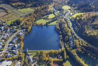 Aerial view, Olsberg reservoir with Ruhr river flow in Olsberg, Sauerland, North Rhine-Westphalia,