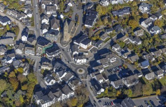 Aerial view, town centre with parish church St. Nikolaus in Olsberg, Sauerland, North