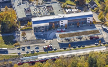 Aerial view, bus station and construction work at the vocational college Olsberg of the HSK in