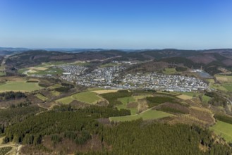 Aerial view, construction site and new construction of the bypass L776n Bad Fredeburg, Fredeburg,