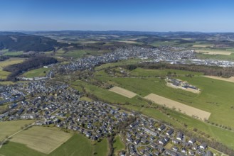 Aerial view, local view, new cemetery, spa gardens, farm Hof Ax, Schmallenberg, Sauerland, North