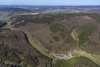 Aerial view, Mountains and valleys Waidmannsruh, Sawmill Gebr. Coal, Schmallenberg, Sauerland,