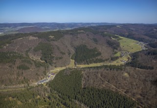 Aerial view, Mountains and valleys Waidmannsruh, Sawmill Gebr. Coal, living and living in Latrop,
