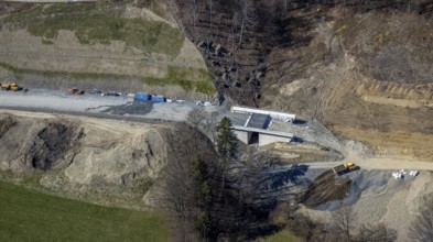 Aerial view, construction site and new construction of the L776n bypass Bad Fredeburg, Fredeburg,